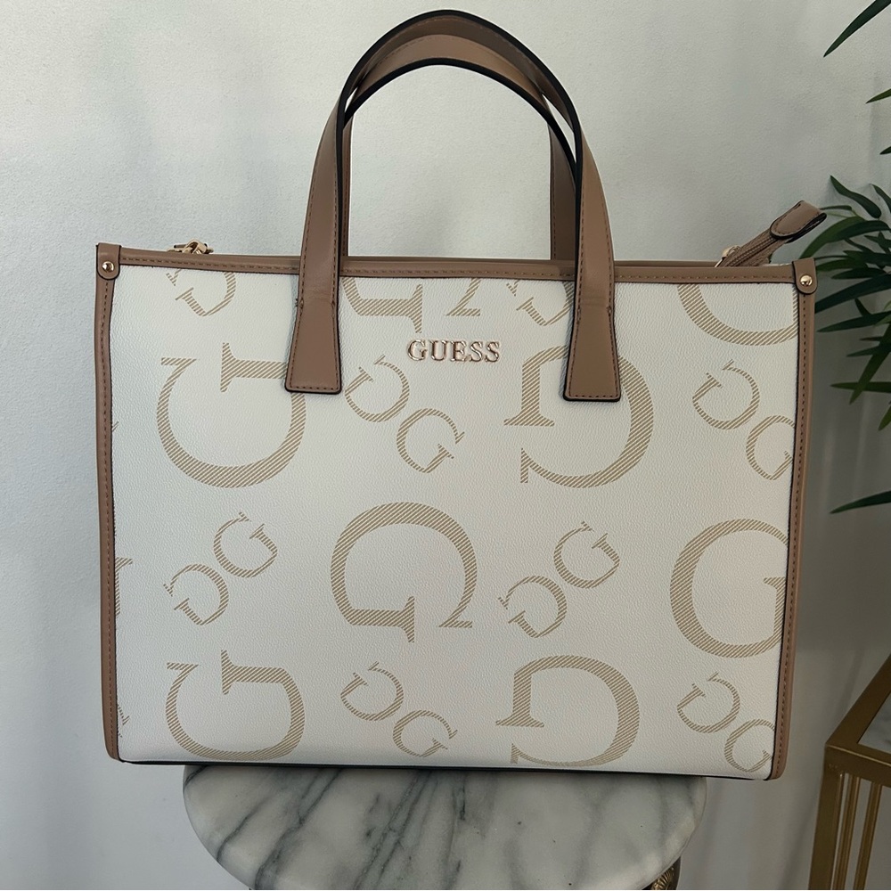 Guess White and Tan Tote Bag with Signature Design